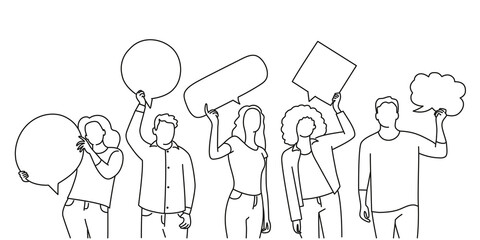 Line vector illustration of people holding signs, banner and placards