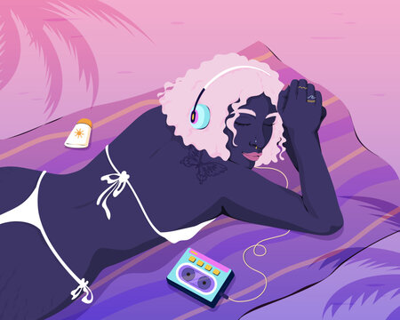 Woman sunbathing at beach listening to music on retro cassette player