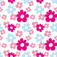 Seamless pattern, simple chamomile flowers in cartoon style. Vector illustration, no people. Bright, delicate colors of pink and blue on a white background.