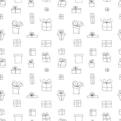 Vector seamless linear pattern of holiday boxes with bows, ribbons for gifts