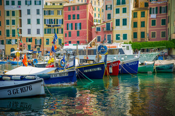 Fototapeta na wymiar Camogli, a fishing village located on the west side of the peninsula of Portofino, on the Golfo Paradiso in the Riviera di Levante, in the Metropolitan City of Genoa, Liguria, Italy.
