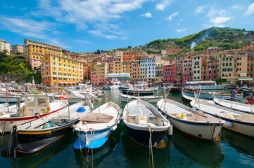Camogli, a fishing village located on the west side of the peninsula of Portofino, on the Golfo Paradiso in the Riviera di Levante, in the Metropolitan City of Genoa, Liguria, Italy.