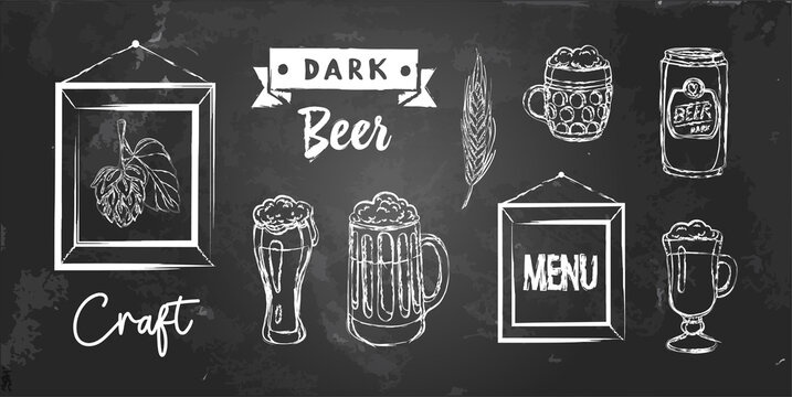 Vector set of beer with mugs, bottle, mail. Beer in a can. Illustration with frame, ribbon, hand written words. Craft beer on chalkboard. Objects by chalk isolated on blackboard. Drawings for pub menu