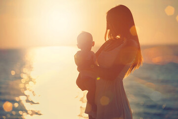 silhouette of a parent and child on the beach at sunset