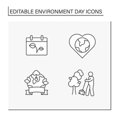 Environment day line icons set. Worldwide awareness. Protect and love environment. Ecology concept. Isolated vector illustrations. Editable stroke