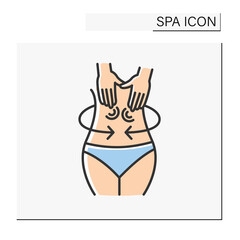 Beauty procedure color icon. Abdominal massage. Gentle massaging movement to relax muscles and improve health. Cosmetology. Spa concept. Isolated vector illustration