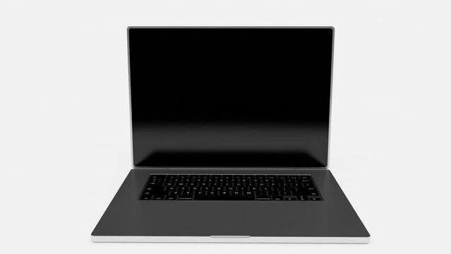 Modern aluminium laptop isolated on white background with shadow. Blue screen animation. Animation render with Alpha matte