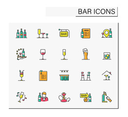 Bar color icons set. Party drinks. Restaurant, night club, bar menu. Wine, whiskey, tequila or vodka bottles. Cocktail party and drinking establishment concept. Isolated vector illustrations