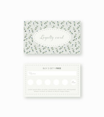 Vector bonus card, loyalty card template with floral design, watercolor blue flowers and leaves.	