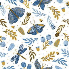 Floral seamless pattern with butterflies and different flowers