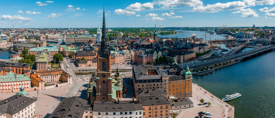 Aerial panoramic view of the old Town, Gamla Stan, in Stockholm. Beautiful Sweden during summer...