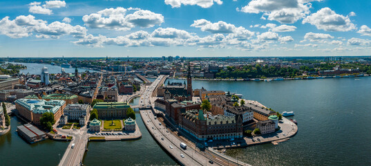 Aerial panoramic view of the old Town, Gamla Stan, in Stockholm. Beautiful Sweden during summer time. - obrazy, fototapety, plakaty