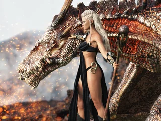 Porträt der Drachenkönigin, die ihren Stab mit ihrem wilden feuerspeienden Drachen an ihrer Seite hält. 3D-Rendering © Digital Storm