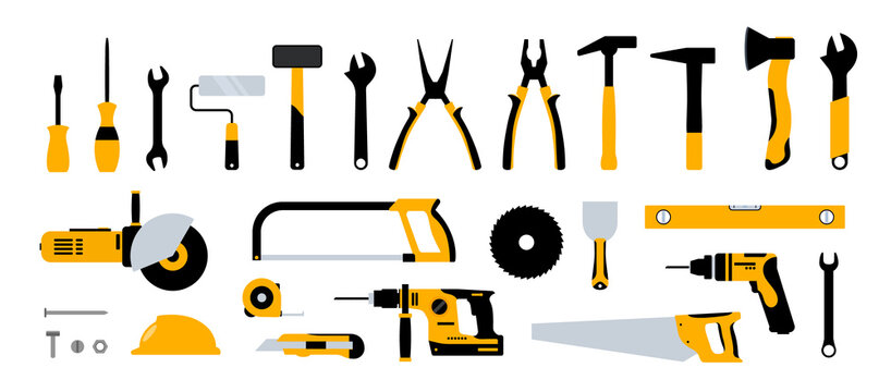 Construction tools hammer repair carpentry background. Electric home tool screwdriver toolkit collection