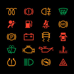 Car dashboard icon engine light abs led oil. Car dashboard sign indicator lamp alert parking symbol set