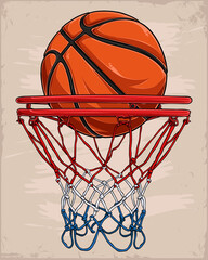 Hand drawn perfect Basketball shot with vintage background Basketball ring and ball inside