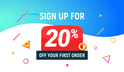 Coupon code discount sign up advertising offer. Discount promotion tag flyer 20 percent off promo sale