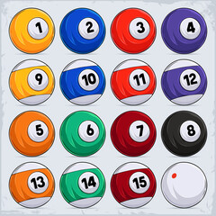 Hand drawn Full Set of 16 Billiards Balls for Pool Tables, Includes Eight Ball and White Cue Ball