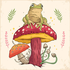 Hand drawn Cottagecore Aesthetic Goblincore Frog sitting on Mushroom, Cottage core style frog