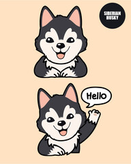 black Siberian Husky with a smile and hello action. 2D cute cartoon character design in flat style. 