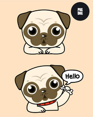 Pug dog in hello action. 2D cute cartoon character design in flat style. 