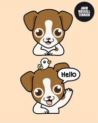 Jack Russell in hello action. 2D cute cartoon character design in flat style. 
