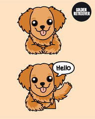Golden retriever puppy dog with a smile and hello action. 2D cute cartoon character design in flat style.  