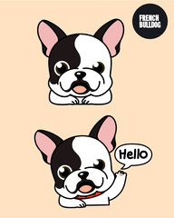 White French bulldog puppies with a smile and hello action. 2D cute cartoon character design in flat style. 
