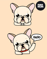 French Bulldog puppy with a smile and hello action. 2D cute cartoon character design in flat style. 