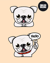 White English bulldog with a smile and hello action. 2D cute cartoon character design in flat style. 

