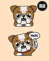 English bulldog with a smile and hello action. 2D cute cartoon character design in flat style. 
