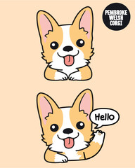 Corgi puppy dog with a smile and hello action. 2D cute cartoon character design in flat style. 