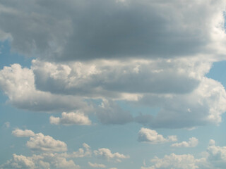 Sky in the summer. White cirrus and cumulus clouds. Place in the center is  perfect to add text.