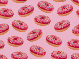 Seamless pattern with donuts. Pink doughnuts with sprinkles on pink background