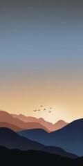 Hand drawn simple illustration of landscape with hills, yellow blue sky and birds