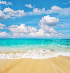 Sand beach turquoise sea cloudy blue sky Summer travel background