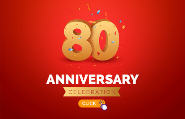Anniversary birthday 80 years golden background. Happy vector poster 80th anniversary confetti celebration poster