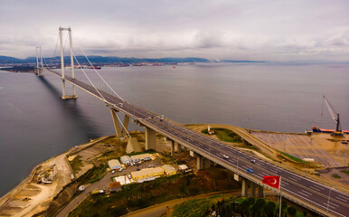 Aerial view of Osman Gazi Bridge in Kocaeli, Gulf of Izmit, Marmara sea, Turkey