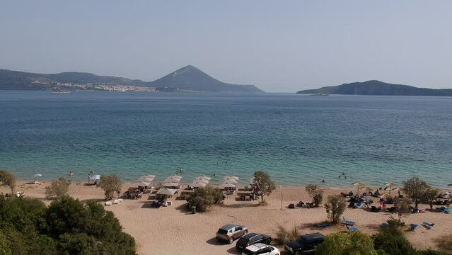 Panoramic aerial view over Divari beach near Navarino bay, Gialova. It is one of the best beaches in mediterranean Europe. Beautiful lagoon near Voidokilia from a high point of view, Messinia, Greece