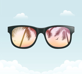 Hello summer fun background concept. Vector sunglass beach palm vacation design illustration