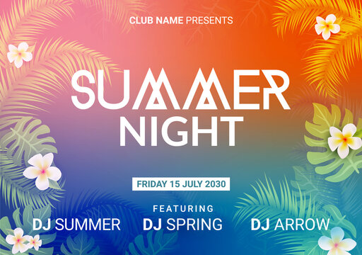 Summer night dance party beach flyer design. Summer night sunset tropical vector poster template background