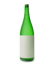 Sake bottle with blank label, isolated on white. A typical Japanese sake bottle with green glass...