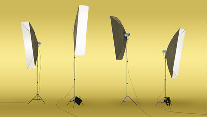 Professional photo studio strobe light with stripbox modifier isolated on yellow background. Realistic spotlight 3D. Photo studio and stage light - obrazy, fototapety, plakaty