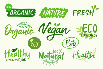 Handwritten Green Vegan and Organic Concept. Lettering Vector Label Template Design for Natural Business food, drink, product.