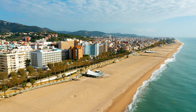 Aerial panoramic view from drone of Calella city in el Maresme, Catalonia, Spain