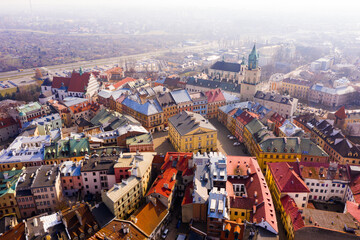 Obraz premium Aerial view of historic part of Lublin overlooking Catholic Archcathedral and Crown Tribunal in Old Town Market, Poland