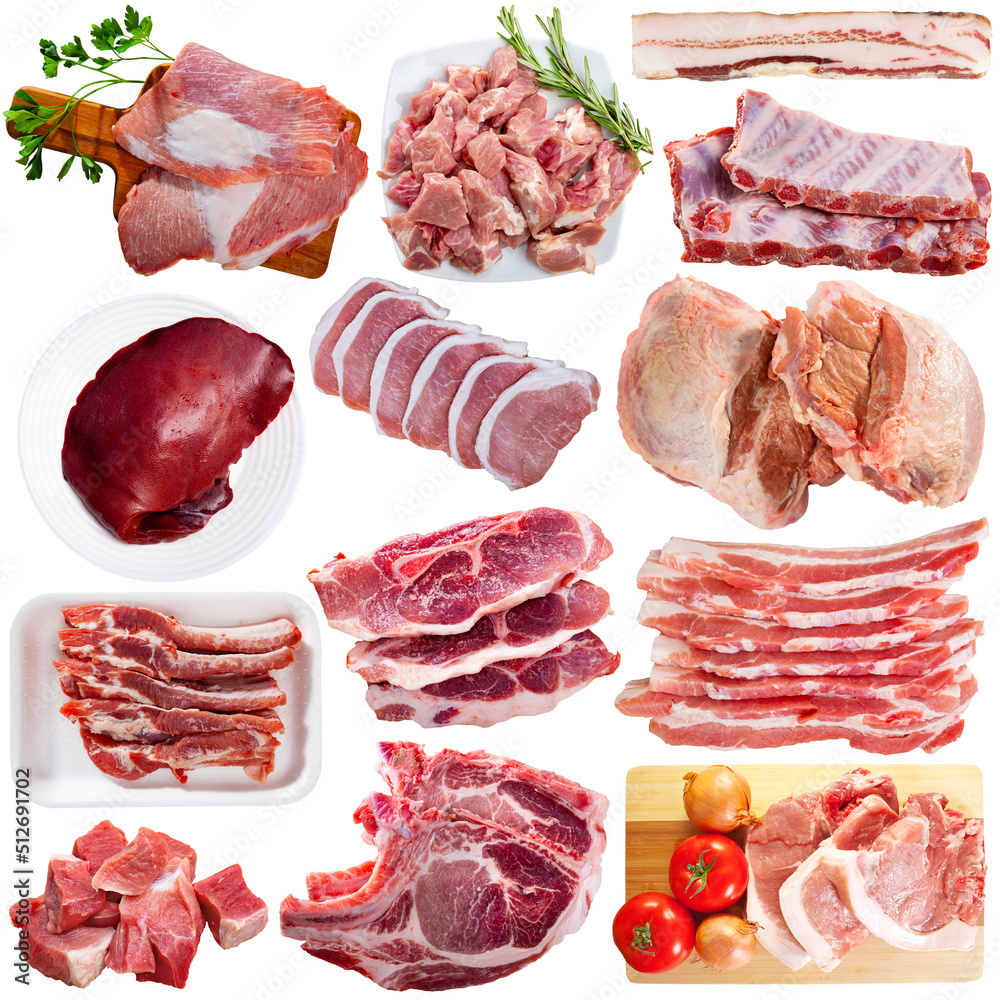 Wall mural collection of raw pork meat isolated on white background