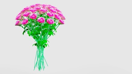 Pink rose with small green leaves under white background. Concept image of happy Invitation and reception sign. 3D high quality rendering. 3D illustration. High resolution.
