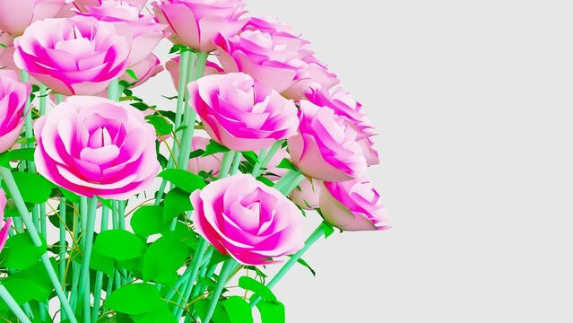 Pink rose with small green leaves under white background. Concept image of happy Invitation and reception sign. 3D high quality rendering. 3D illustration. High resolution.