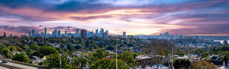 Panorama view of Sydney CBD and Sydney Harbour. Distant view of High-rise office towers and...